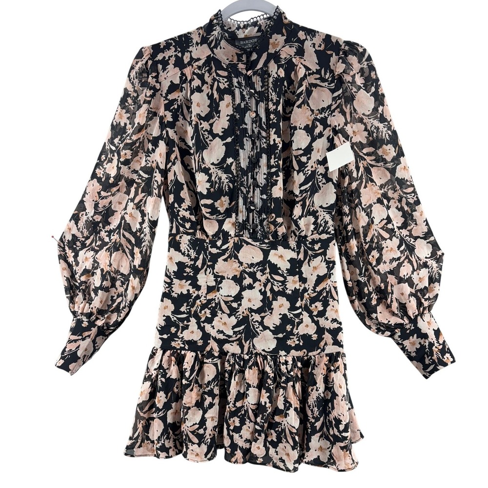 Bardot Amelie Dress Sz XS US 2 Floral Mini Black Pink High Neck Long Sleeve